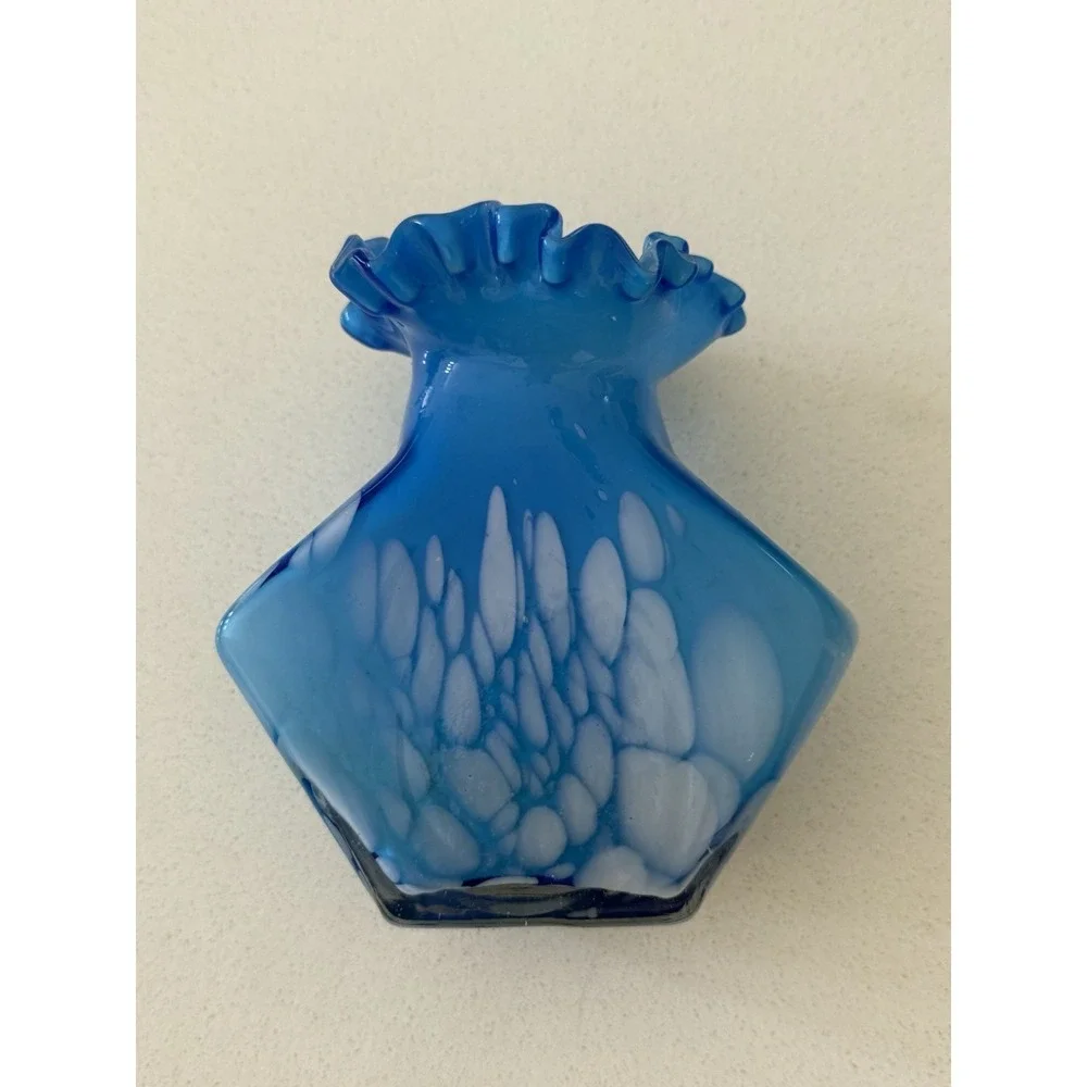 Vintage Handblown Splatter Vase‎ Ruffled Bright Sky Blue White Accents